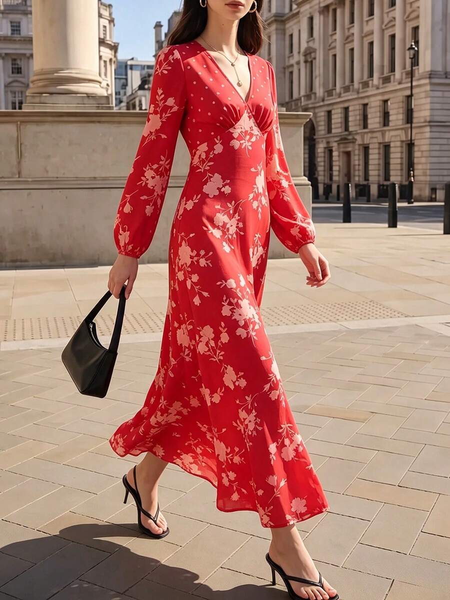 Fall Women Floral Midi Dress, V‑Neck Long Puff Sleeve Flowy A‑Line Printed Long Dress - Red - View 1