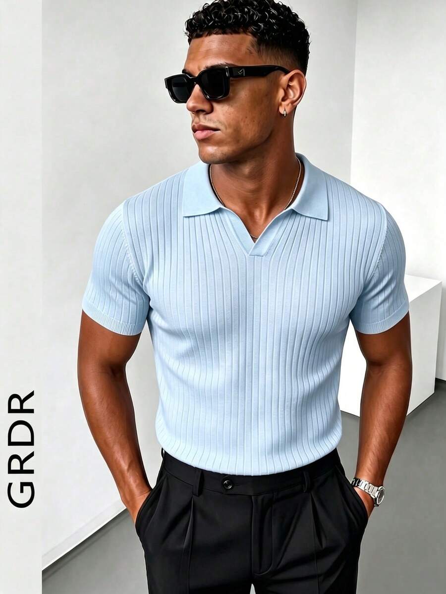 GRDR Men's Summer Solid Color Polo Collar Short Sleeve Knit Sweater, Suitable For Summer Outings, Essential For Fashionable Styling