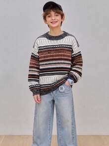 Sweater Leher Bulat Bergaris Blok Warna Vintage untuk Anak Perempuan Remaja - MultiWarna - View 3