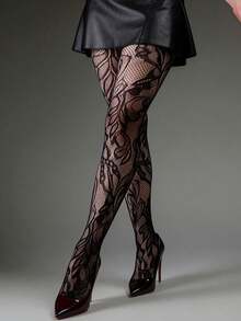 1 Pair Women's Sexy Elastic Tight Leggings, French Vintage Floral Jacquard Hollow Fishnet Tights, Spring/Summer Thin Dark Gothic Style Pantyhose, Slimming Leg-Flattering Leggings, Suitable For Halloween, Christmas, Holiday Travel, Vacation, Dating, Socializing, Fashionable Wear, Back To School Outfits - Black - View 3