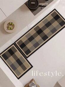 1 Pc Black-Brown Checkered Pattern Kitchen Mat, 3.5 Mm Soft Rubber That Absorbs Water And Is Easy To Clean. Suitable For Corridors, Bathrooms, Living Rooms, Outdoor Door Mats, And Toilets. Useable Throughout The Year And For Various Holidays. - Multicolor - View 1