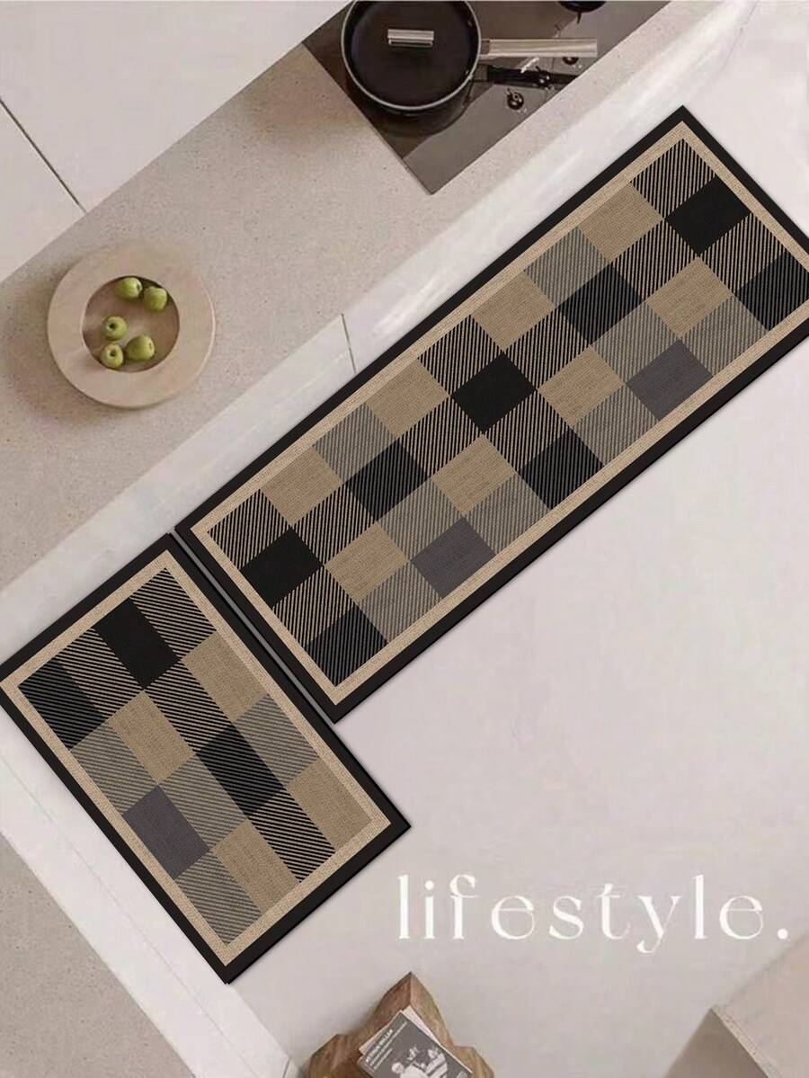 1 Pc Black-Brown Checkered Pattern Kitchen Mat, 3.5 Mm Soft Rubber That Absorbs Water And Is Easy To Clean. Suitable For Corridors, Bathrooms, Living Rooms, Outdoor Door Mats, And Toilets. Useable Throughout The Year And For Various Holidays. - Multicolor - View 1