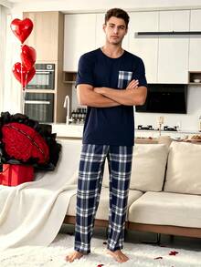 Conjunto de Pijama Unisex 2 Piezas, Camiseta de Manga Corta con Bolsillo y Pantalón Largo Estampado a Cuadros, Ropa de Dormir Casual para Hombre y Mujer - Azul Marino - Ver 2