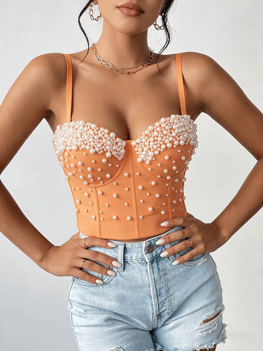 Fashion Vacation Style Handmade Pearl Best-Seller Versatile Fishbone Shaping Camisole Top For Women - Orange - View 1