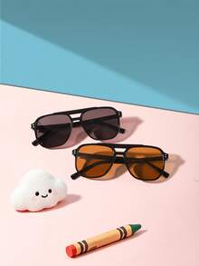 1 Set 2pcs 9-14 Years Old Kids Rivet Decor Double Bridge Aviator Style PC Frame Fashion Glasses, Suitable For Summer Outdoor Daily All-Season Wear, With Glasses Case - Multicolor - View 8