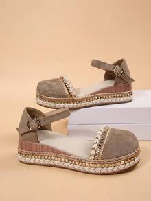 Bohemian Woven Closed-Toe Sandals For Women, Vintage Rivet Hemp Rope Thick Sole Back Strap Casual Beach Shoes - Khaki - View 3