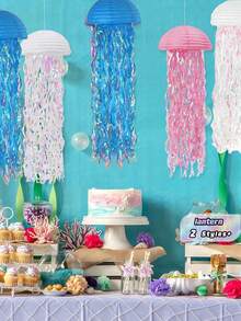 3pcs Gradient Blue Jellyfish Paper Lanterns, Ocean Theme Hanging Decorations, Underwater Style, Suitable For Mermaid Party, Birthday, Baptism, Wedding Wall Decor - Pink - View 5
