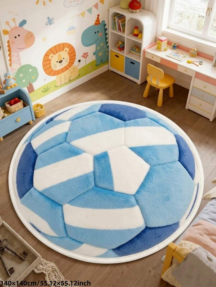 1pc 2026 New - Blue & White Football Round Washable Fluffy Carpet - Soft Bedroom, Living Room, Study, Children's Room Decorative Carpet, Perfect For Daily Home, Holiday, Party, Decorative Carpet, Bedroom Decor, Small Carpet, Carpet, Home Decor, Living Room Carpet, Living Room Small Carpet, Bedroom Carpet, Living Room Home Decor