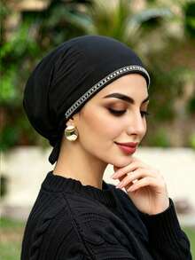 1PC Women's Fashion Solid Color Rhinestone Muslim Tie Hat, Versatile Scarf Headwrap Underscarf, Suitable For Daily Wear - 012-black - View 4