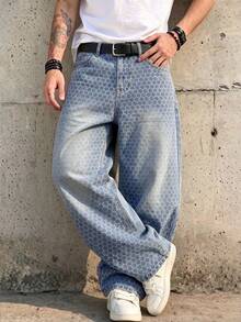 Quần jeans nam ống rộng suông rộng, màu xanh nhạt, in họa tiết tổ ong toàn thân, thiết kế ngách oversized phong cách Y2K hip hop streetwear denim - Rửa nhẹ - Xem 3
