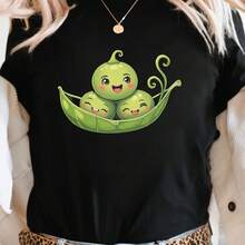Women's Casual Short-Sleeved Round-Neck T-Shirt, With Three Fun Green Pea Prints For All Seasons, Y2K Fashion Pattern. - Shape - View 1