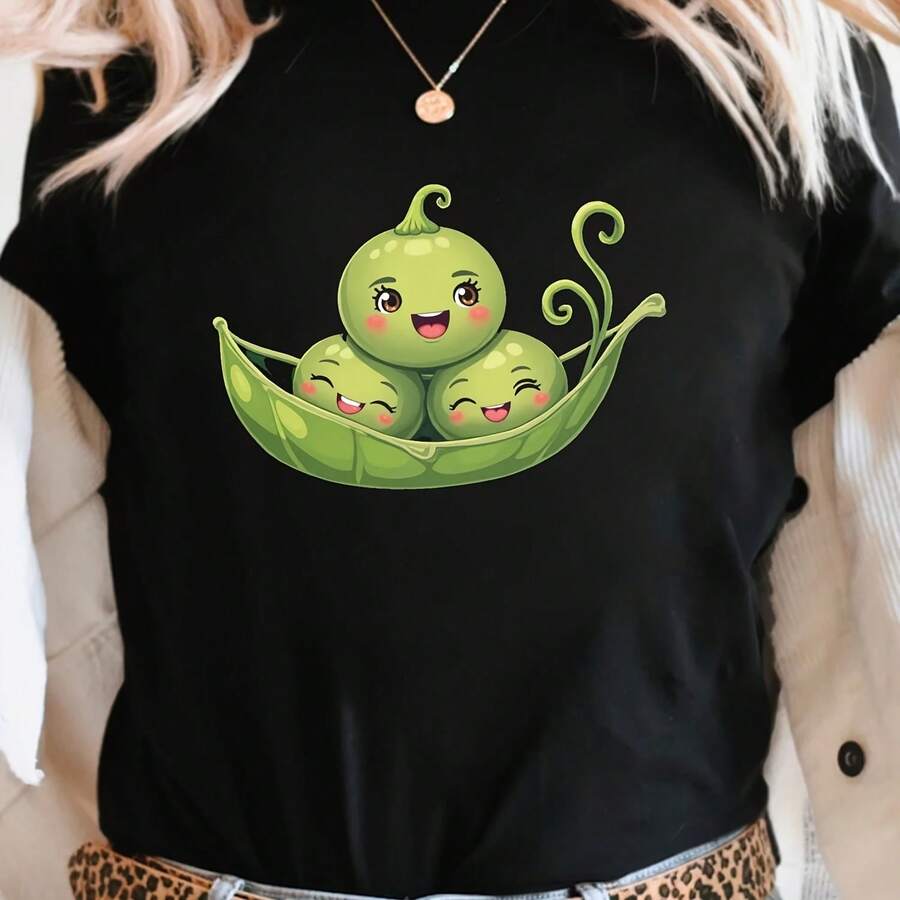 Women's Casual Short-Sleeved Round-Neck T-Shirt, With Three Fun Green Pea Prints For All Seasons, Y2K Fashion Pattern. - Shape - View 1