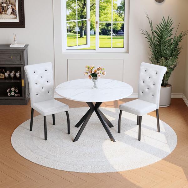 Black And White Round Marble Dining Table & 2 Chairs