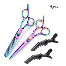 4pcs/Set Professional Hair Cutting Scissors Set - 4pcs Colorful Hair Clips + Professional Hair Shears Set, Salon Use Hairdressing Scissors, Flat Shears For Bangs, Thinning Scissors For Textured Hair, Multi-Functional Hair Styling Crocodile Clips For Hairstylists - Multicolor - View 2