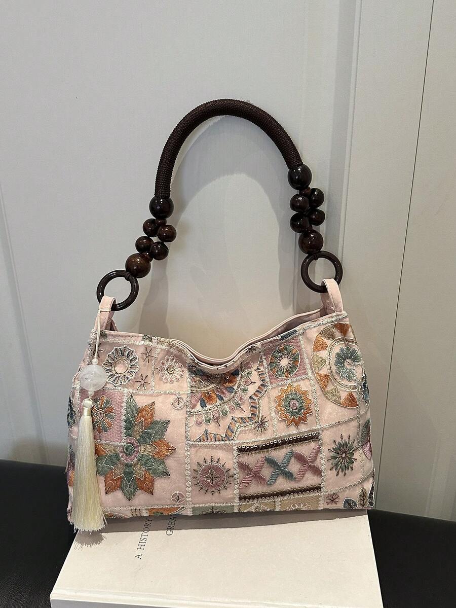 2026新款中式刺繡女款肩背包 百搭斜挎水桶包 時尚女包 - 粉色 - 查看 1