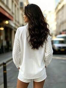 Women's White Front Button Shirt Collar Hollow Embroidery Long Sleeve Semi-Sheer Non-Stretch Fabric Bohemian Style Autumn Blouse - White - View 5