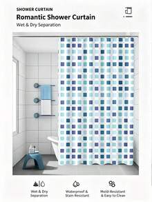 1pc PEVA Printed Waterproof Shower Curtain With Hooks, Blue & Green Plaid Bathroom Shower Curtain, Mildew-Resistant Dry & Wet Separation, Home Decor - Multicolor - View 5
