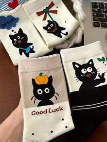 1/4/10 Pairs Lucky Cat Pattern Personalized Mid-Calf Socks, Suitable For School, Couples, Daily Wear, Autumn/Winter - Multicolor - View 6