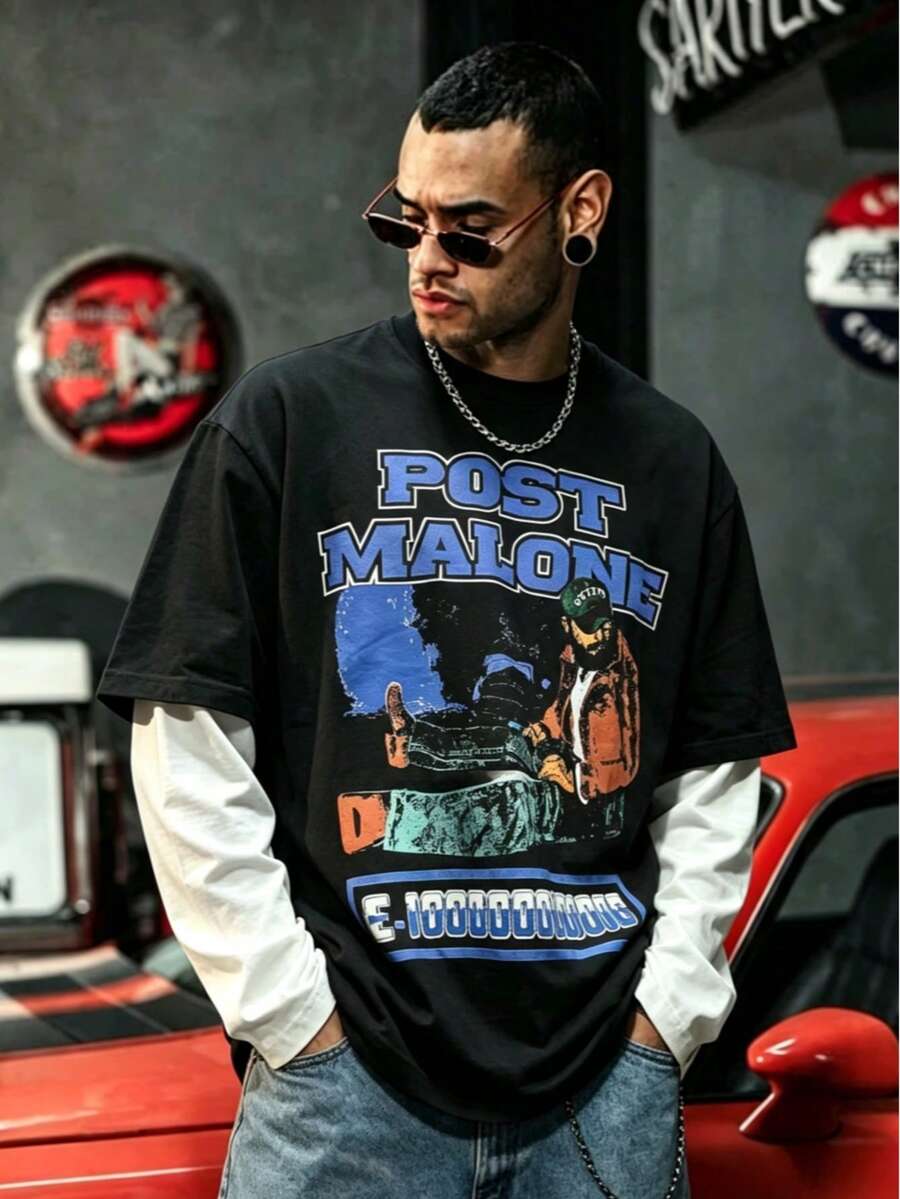 DOPE | Street Hip-Hop Musician Vintage Portrait 2 In 1 Long Sleeve Men's T-Shirt Top - Black - View 1
