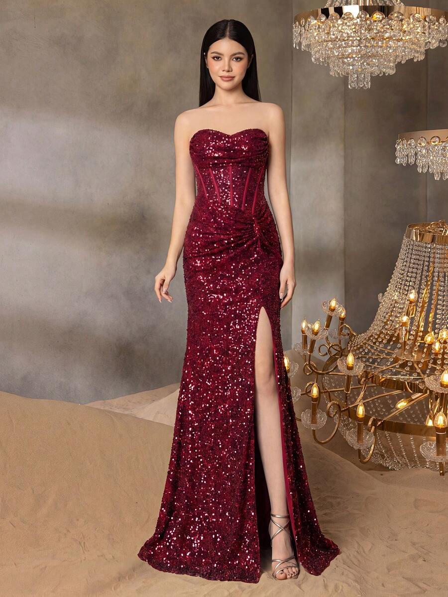 ALISA&LEO Teen Girl Sequin Split Design Elegant Waist-Cinching Party Dress With Transparent Straps - Burgundy - View 1