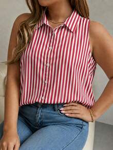 Kemeja Wanita Plus Size Kasual Vintage Motif Garis Tanpa Lengan dengan Desain Kancing, Atasan untuk Pemakaian Harian Musim Panas - Merah - View 3