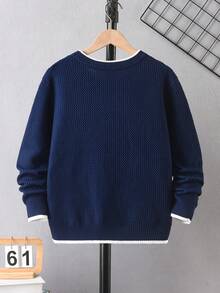 Boys' Round Neck Long Sleeve Knitted Sweater With Fine Ribbed Texture, Contrast Trim Design, Simple Casual Versatile Pullover, Suitable For School Daily Wear In Autumn/Winter - Navy Blue - View 3
