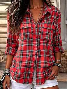 Women's Flannel Plaid Pocket Long Sleeve Comfortable Cotton Blend Shirt, Casual, Suitable For Outings, Weekends, College Style, Commuting, Button-Down Collar Shirt, Autumn Outfit, Back To School And Campus Wear, Suitable For Autumn/Winter, Women's Party Shirt, Women's Autumn Long Sleeve Top, Christmas And New Year Wear, Christmas Outfit - Red - View 3