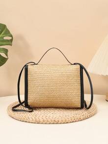 Summer Casual Straw Woven Pearl Pendant Small Square Handbag Crossbody Bag - Black - View 4