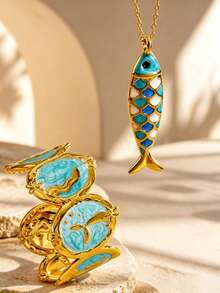 2/1pc Vacation Style Stainless Steel Bracelet/Necklace Set With Marine Life Decor, Suitable For Daily Commute Or Beach Vacation Wear For Women - Yellow Gold - View 5