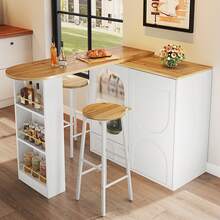 Bar Set Kitchen: Island Table With Storage & 2 Bar Stools, White Wood Effect - White - View 1