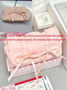 Ballet Style Light Blue Bow Drawstring Pencil Case, Large Capacity Stationery Storage Bag, Elegant Bow Decoration, Smooth Polyester Fabric, Minimalist Sweet Style, All Season, Unisex Adult, Suitable For School, Office, Travel And Daily Use - Multiple Styles - View 10