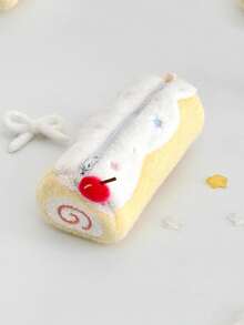 1pc Cute Cake Plush Pencil Case, Heart Cartoon Large Capacity Stationery Bag, Soft Student Plush Pencil Storage Bag - Multicolor - View 6