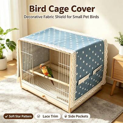 1pc Star Print Bird Cage Cover, Lace Trim Light-Blocking Shade With Side Storage Pocket, Dust-Proof And Food-Splatter-Resistant, Suitable For Small Parrots And Parrots, Bird Cage Accessory For Daily Rest And Decoration