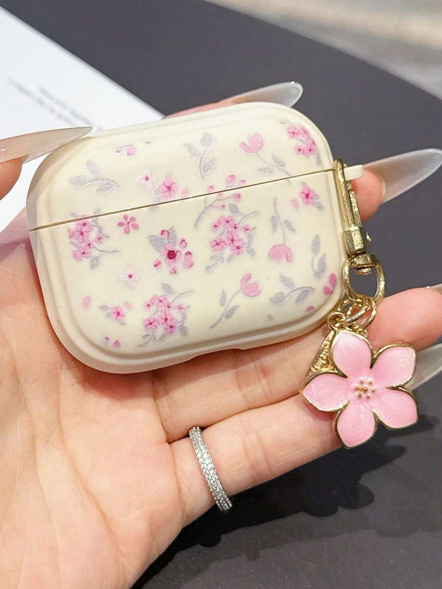 1個可愛粉色花朵耳機保護殼，適用於AirPods Pro 3，防摔保護殼，Pro 2，可愛3米米白2女款，附粉色花朵鑰匙圈4