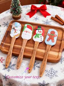 Custom Text Logo Silicone Scraper With Wooden Handle, Cream Spatula, Christmas Scraper, Butter Stirring Knife, Baking Scraper, Christmas Series Silicone Scraper, Kitchen Baking Cream Spatula, Dessert Cake Scraper, Baking Tools - Multicolor - View 1