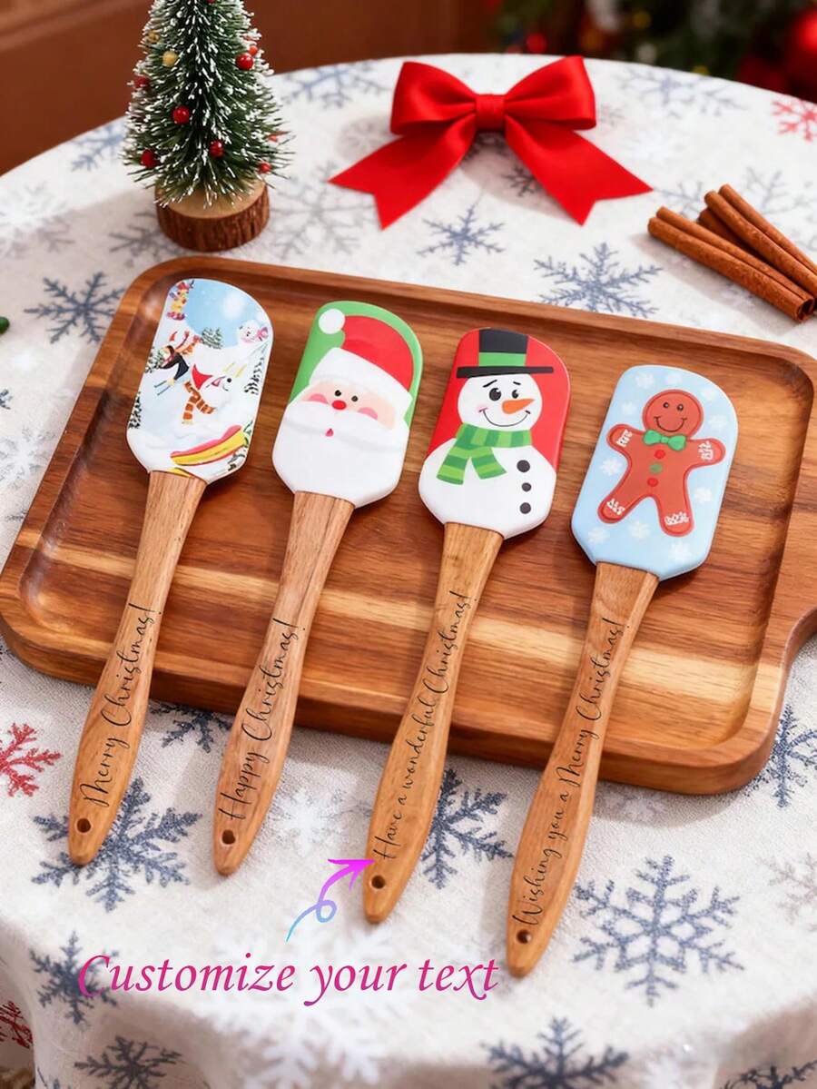 Custom Text Logo Silicone Scraper With Wooden Handle, Cream Spatula, Christmas Scraper, Butter Stirring Knife, Baking Scraper, Christmas Series Silicone Scraper, Kitchen Baking Cream Spatula, Dessert Cake Scraper, Baking Tools - Multicolor - View 1