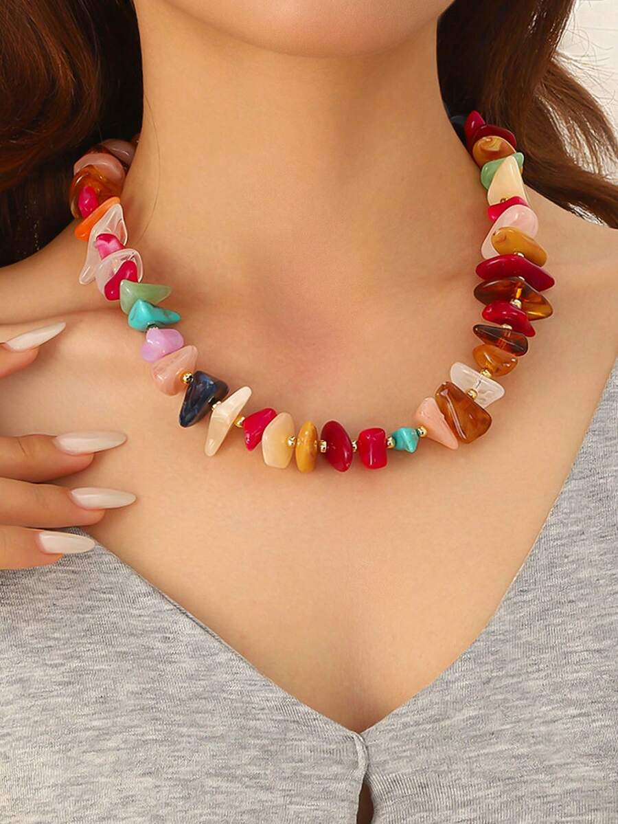 Collar de cuentas de piedra triturada irregular de colores, cadena de clavícula de mujer bohemia con cuentas de cristal multicolor mezclado (color de piedra triturada aleatorio) - vistoso - Ver 1