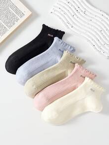 5 Pairs Women's Short Socks With Letter Pattern And Lace Trim, Non-Slip, Comfortable And Breathable, Suitable For All Seasons, Ideal For Sports And Casual Wear - Multicolor - View 6