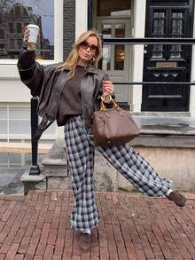 VIBEWAVE Women's Spring/Autumn Casual Retro Plaid Wide Leg Pants With Elastic Waist, Loose Drapey Floor-Length Trousers For Daily Wear - Multicolor - View 5
