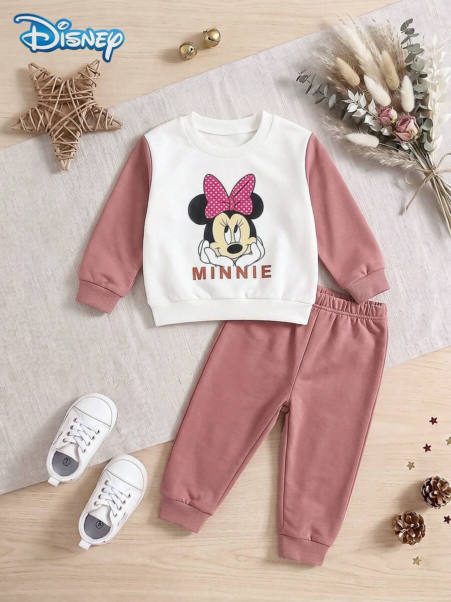 Disney Authorized Baby Girls Sweatshirt Set, Spring/Autumn, Soft Dusty Rose Colorblock Patchwork Minimalist Korean Style, Slightly Loose Raglan Sleeve Crew Neck Sweatshirt With Draped Tapered Leg Pants, Fits Girls Under 3 Years Old, Versatile For Daily Wear, Casual Outings, Vacations, Gatherings And Parties - Coral Orange - View 1