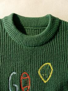 男童休閒學院風純色字母與足球刺繡圓領長袖針織套頭毛衣，適合日常穿著、校園、戶外，春季、秋季、冬季 - 綠色 - 查看 3