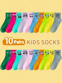 10 Pairs Random Mixed Color Kids Socks, Cartoon Cute Expression Pattern, Baby Boys & Girls, Japanese Style Versatile Mid-Calf Socks For Children & Teens - Multicolor - View 1