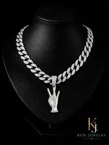 Victory Hand Gesture Rhinestone Pendant Cuban Necklace, Personalized Palm Charm, American Hip-Hop Street Style Gold/Silver Color Couple Matching Accessory - Gesture Pendant Necklace - View 1