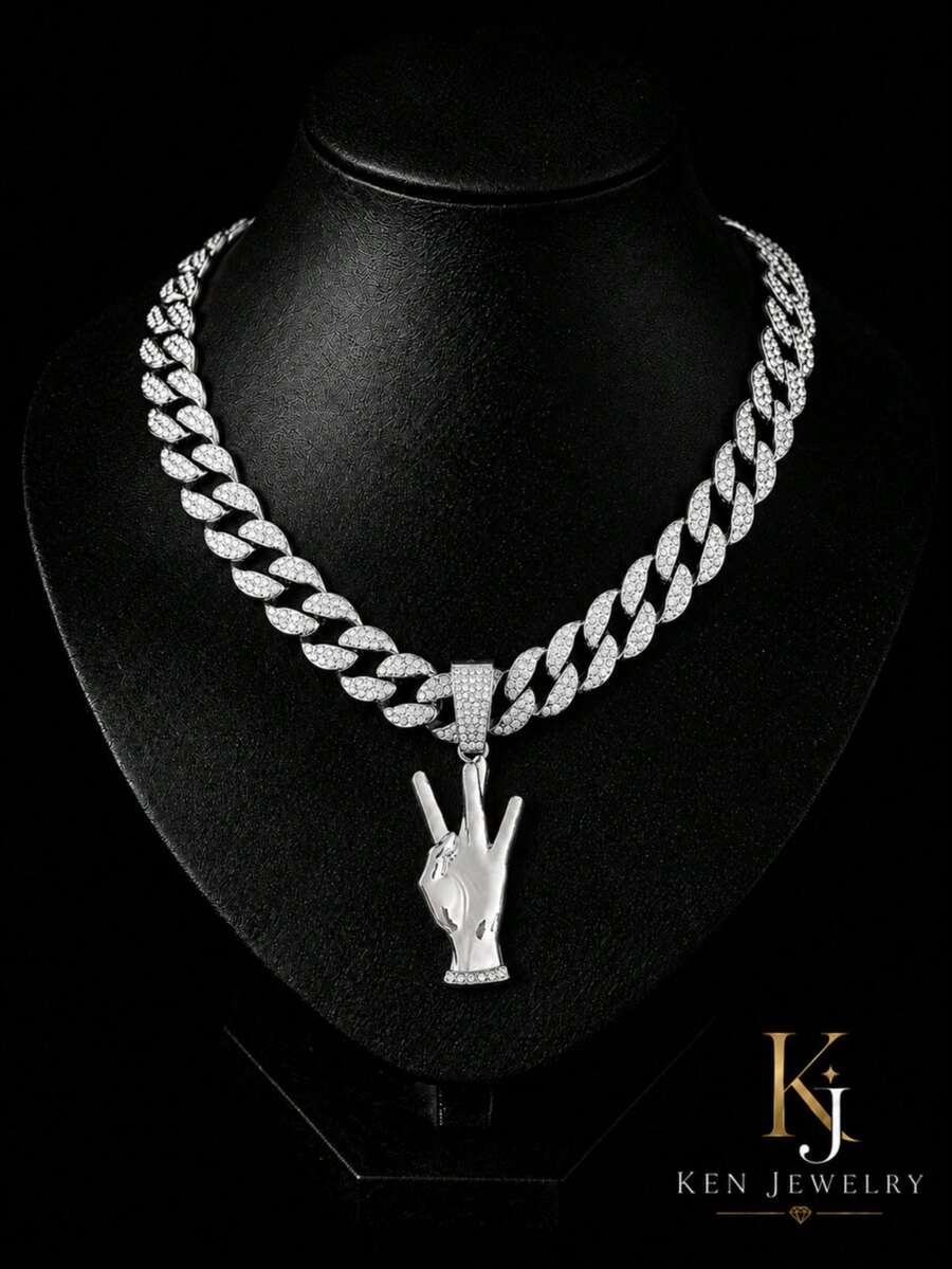 Victory Hand Gesture Rhinestone Pendant Cuban Necklace, Personalized Palm Charm, American Hip-Hop Street Style Gold/Silver Color Couple Matching Accessory - Gesture Pendant Necklace - View 1
