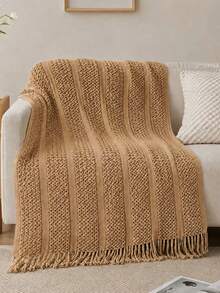 Comfortable Knitted Tassel Throw Blanket - Soft, Lightweight, Ideal For Sofa, Bed And Travel - Beige And Cream Farmhouse Style - Khaki - View 1