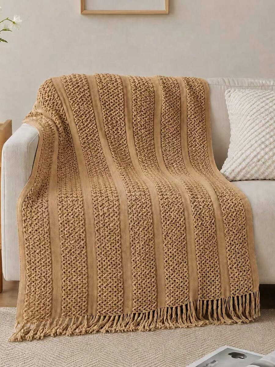 Comfortable Knitted Tassel Throw Blanket - Soft, Lightweight, Ideal For Sofa, Bed And Travel - Beige And Cream Farmhouse Style - Khaki - View 1