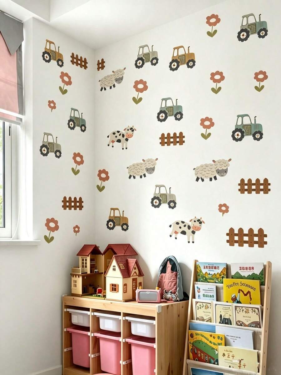 2 Styles Boys Nursery Wall Decals, Farm Tractor Animal & Space Rocket Planet Stickers, Home Decor, Wall Art For Kids Boys Bedroom - Multicolor - View 1