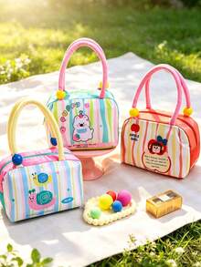 5/1pc Boxy Lunch Tote Handbag, Plush Handle With Color Bead, Bright Striped Pattern Zipper Multicolor Patchwork Bento Storage Bag For Back‑To‑School Office Picnic Travel Office Meal Carrying, Outdoor Picnic And Short Trip Travel - Multiple Colors and Styles - View 4