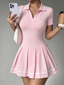 女款修身百褶 Polo 領連身裙，內建安全短褲與口袋，春夏運動風，粉紅色 - 粉色 - 查看 3