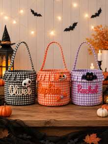 Personalized Ruffle Halloween Storage Basket, Customizable Name Plaid Halloween Trick Or Treat Bag, Halloween Candy Bucket, Halloween Gift Storage Box - Multicolor - View 4